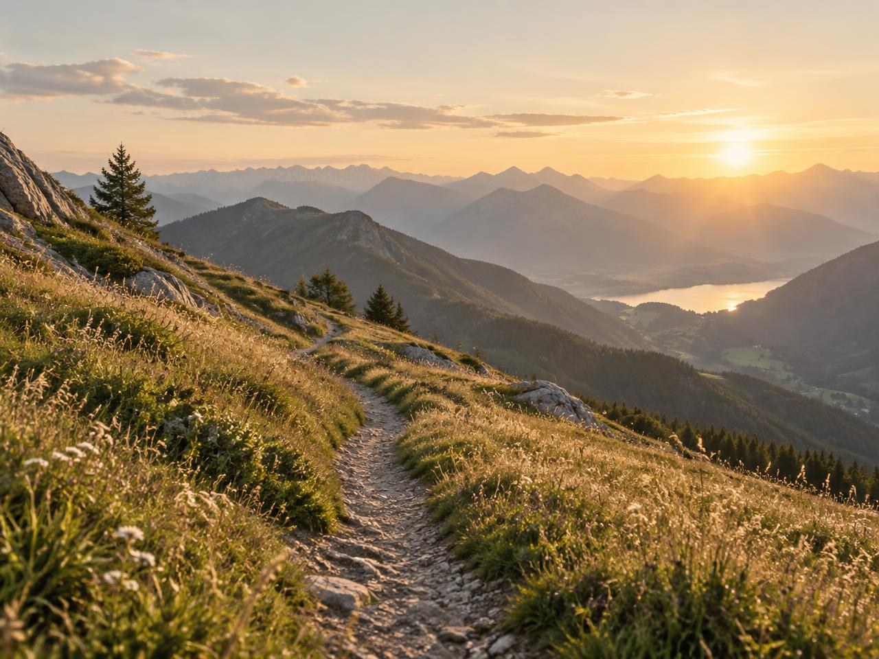 Ein Bergweg führt im Abendlicht Richtung Horizont