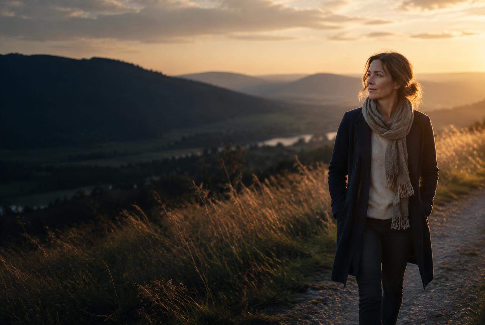 Eine Frau hält auf einem Weg in der ruhigen Abendlandschaft inne